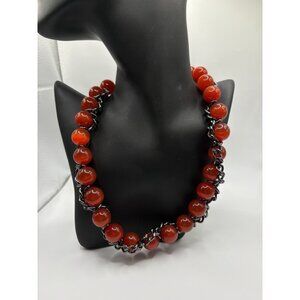 Tuleste Red Glass Heavy Beaded Necklace Gunmetal Chain Statement Goth Alt